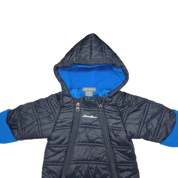 Eddie Bauer Baby Bunting Suit 3–6M Navy Blue Fleece Lined Hooded GUC - Picture 4 of 11
